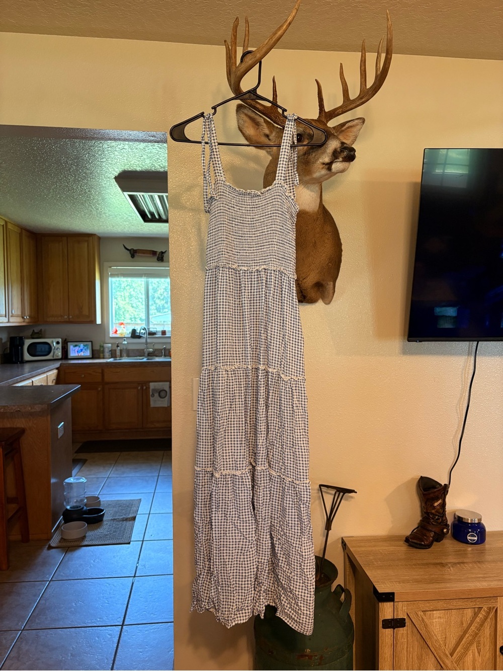 Blue and White Gingham Tiered Maxi Dress